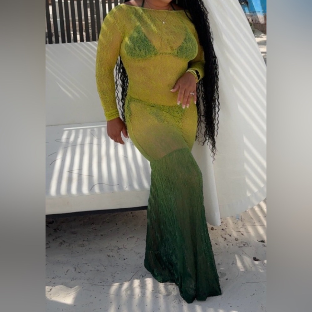 Sheer Ombre Green Long Sleeve Maxi Dress